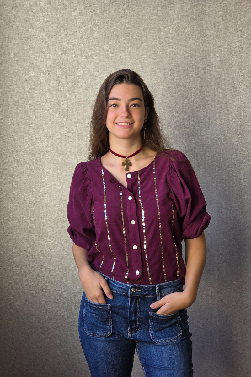 Camisa de micro pana con lentejuelas berenjena