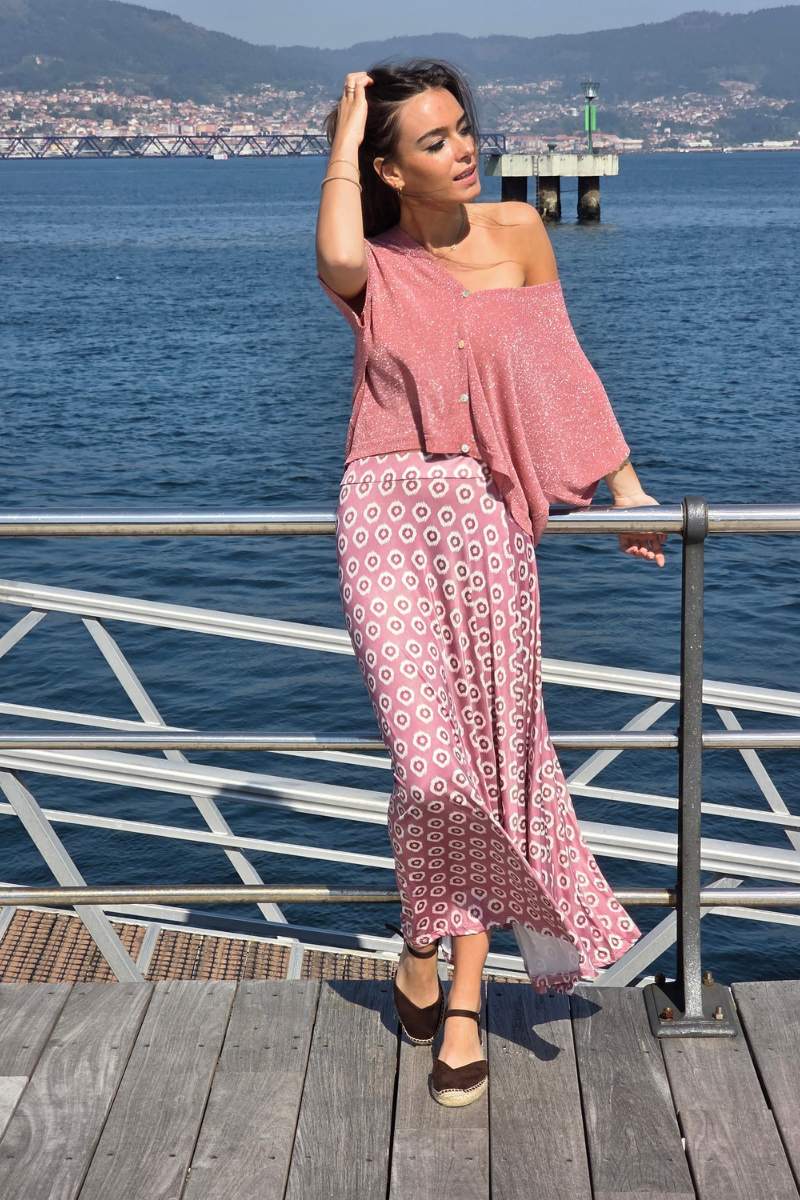 Falda Larga Estampado Célula Rosa