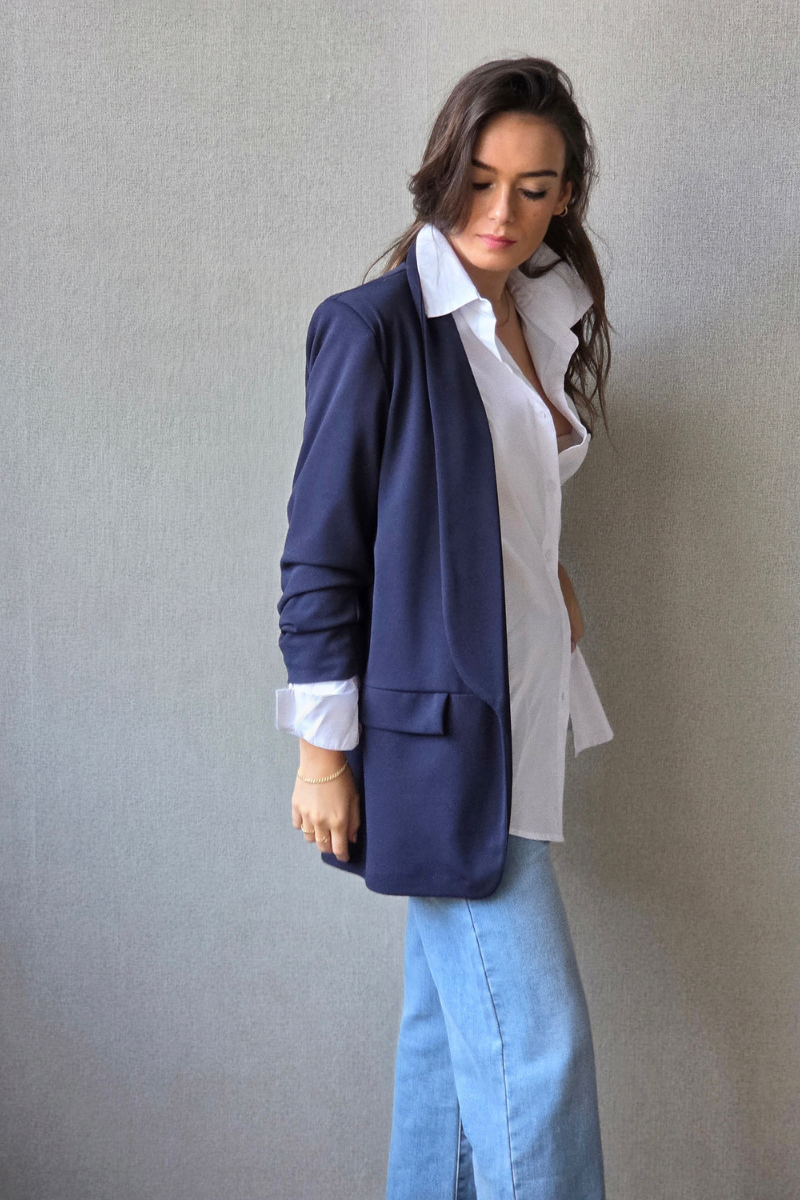 Blazer Azul Marino Suelta - Mangas Fruncidas Elegantes