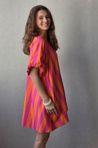 Vestido Manga Abullonada con Rayas Naranja