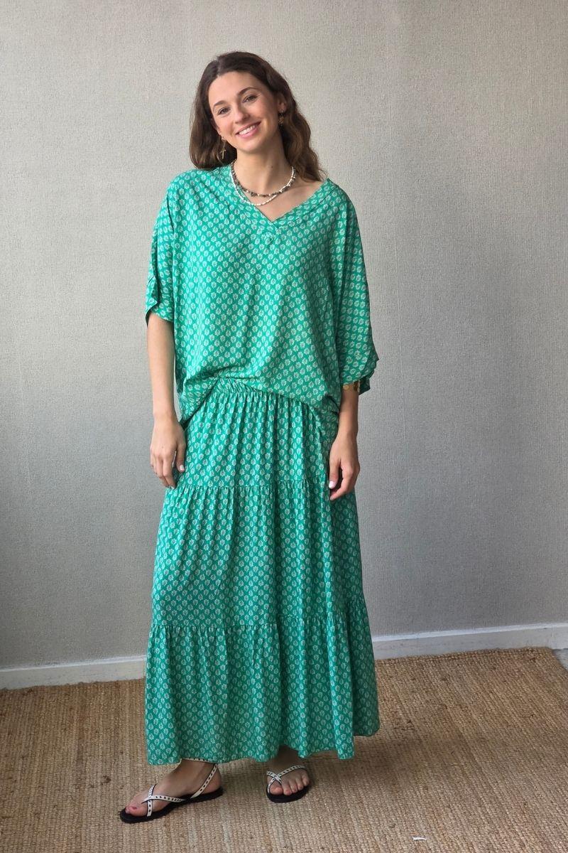 Falda estampado de flores con volantes verde