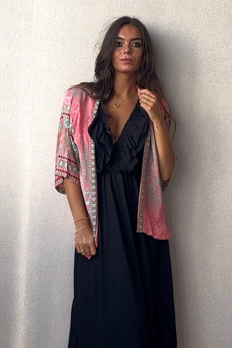 Kimono indio corto multicolor rosa flúor