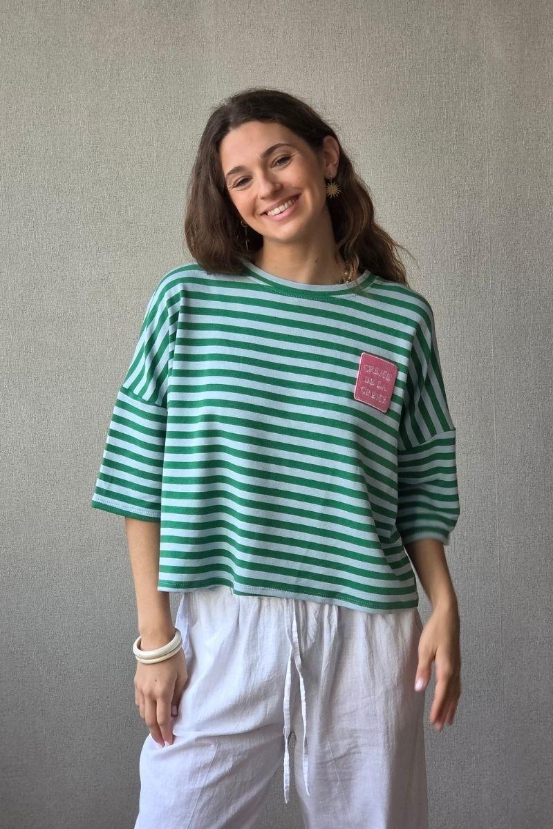 Sudadera Corta de Rayas Verde