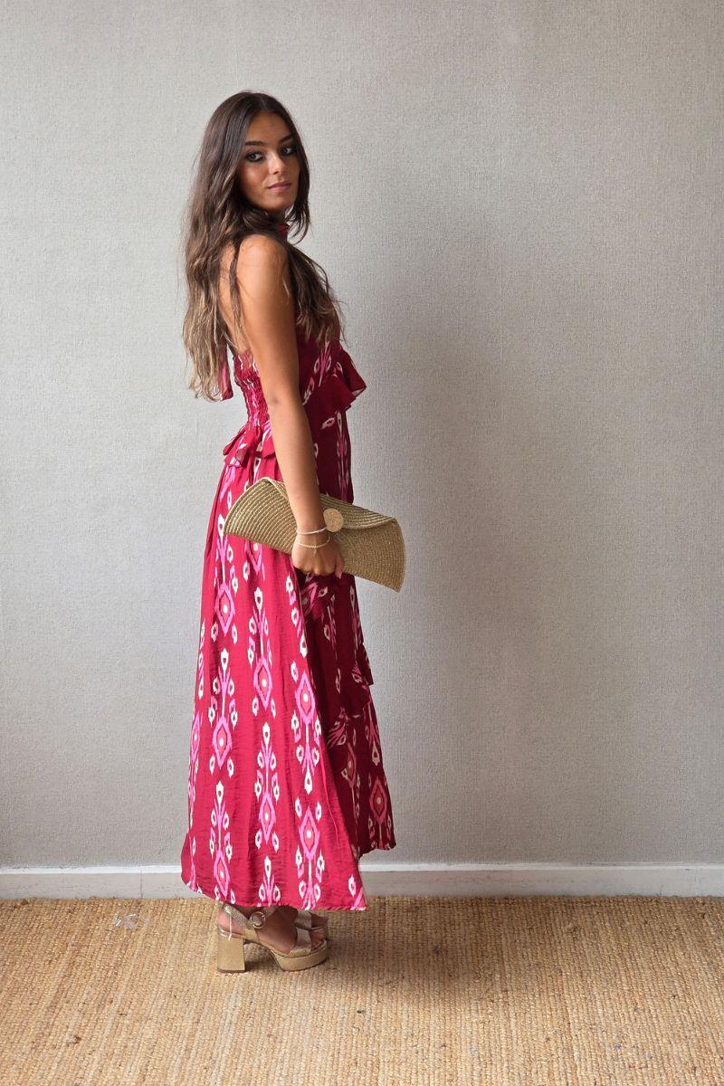Vestido halter con volantes rojo