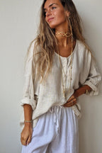 Camisa oversize tipo lino con manga tres cuartos beige