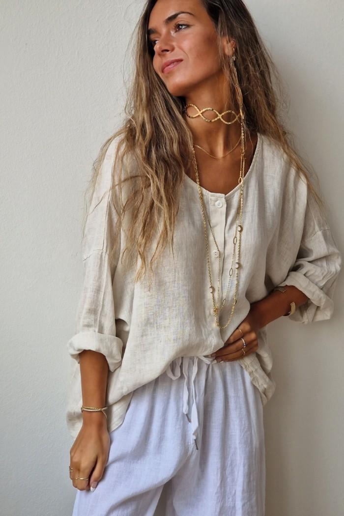 Camisa oversize tipo lino  con manga tres cuartos beige