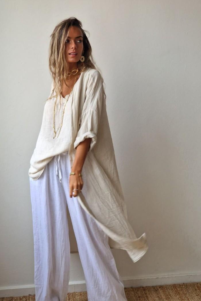 Kimono azul tipo lino con manga tres cuartos