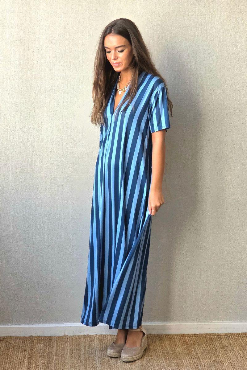 Vestido rayas manga corta no se arruga azul jean