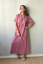 Vestido rayas manga corta no se arruga rosa cebolla