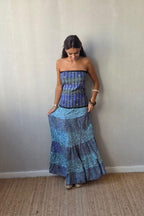 Vestido palabra de honor indio turquesa