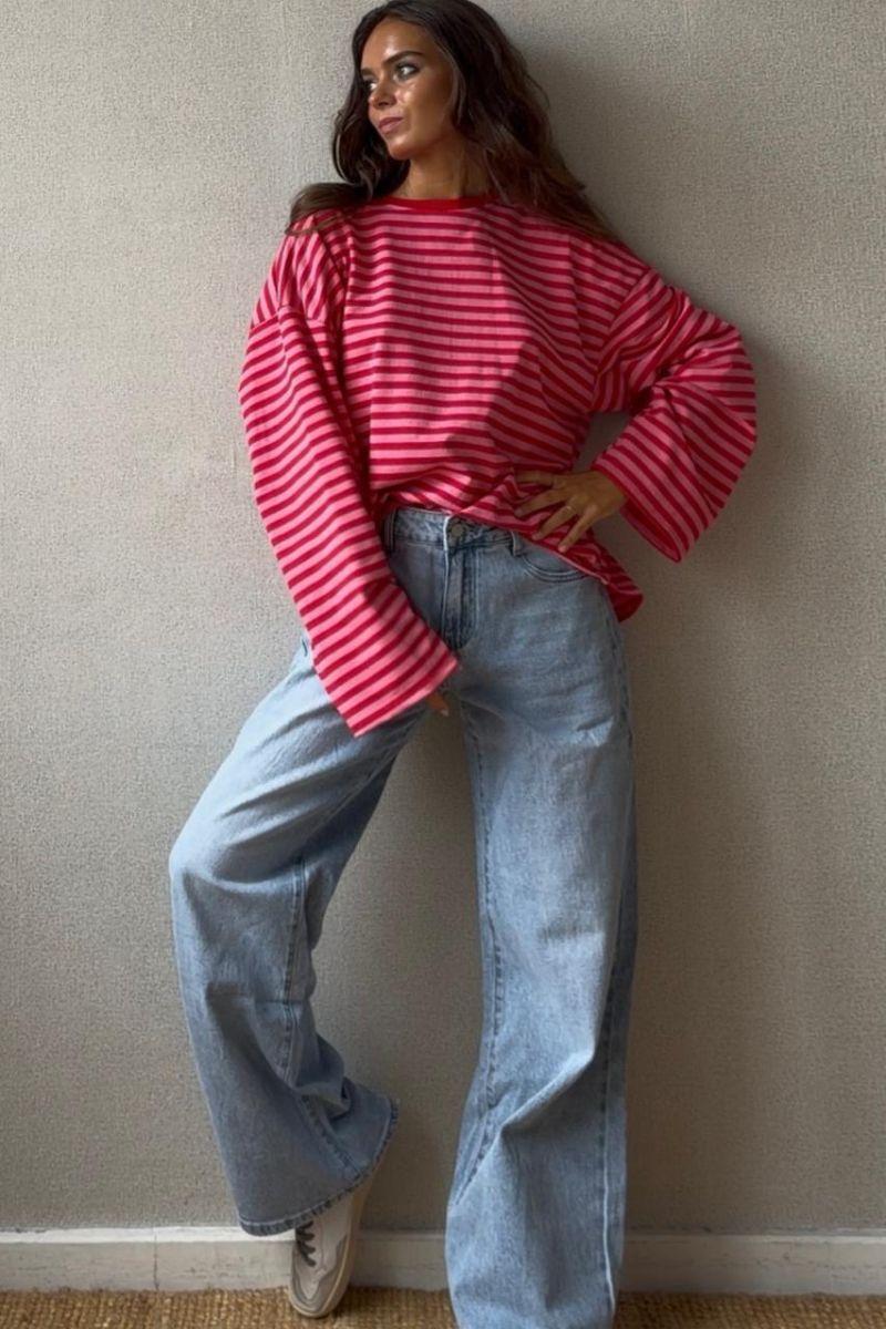 Sudadera oversize corta de Rayas fucsia