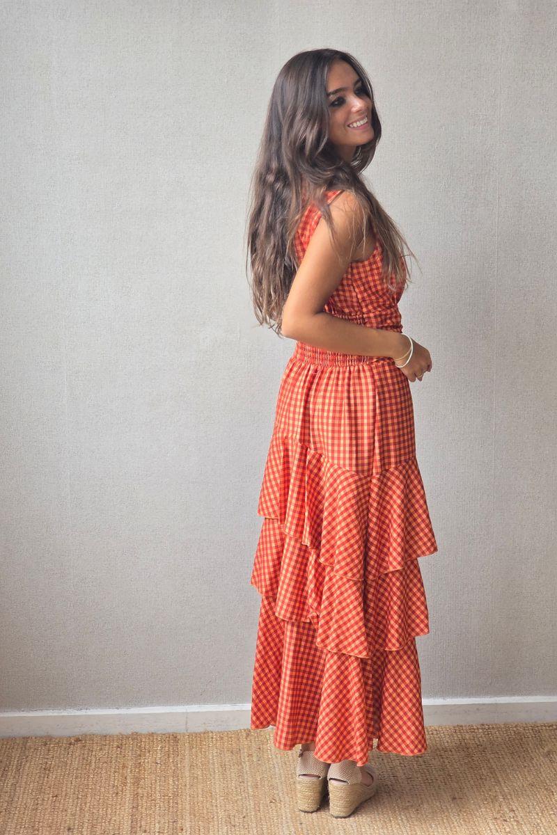 Vestido de volantes estampado vichy  cuello halter