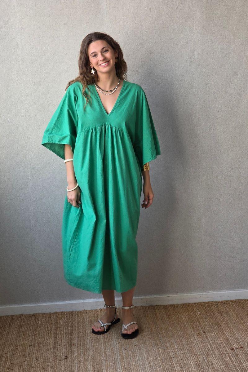 Vestido largo de lino y algodón verde