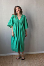 Vestido largo de lino y algodón verde