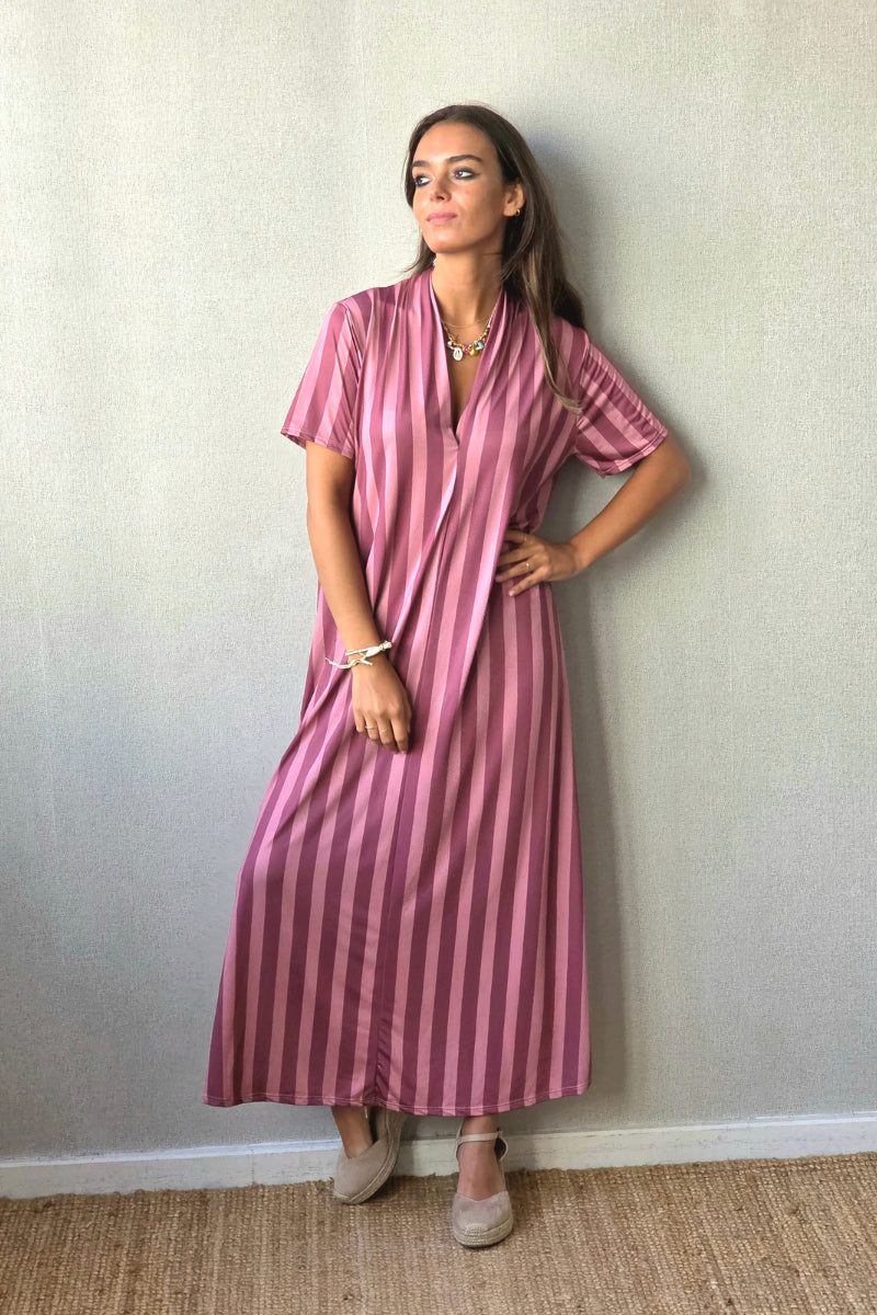 Vestido rayas manga corta no se arruga rosa cebolla