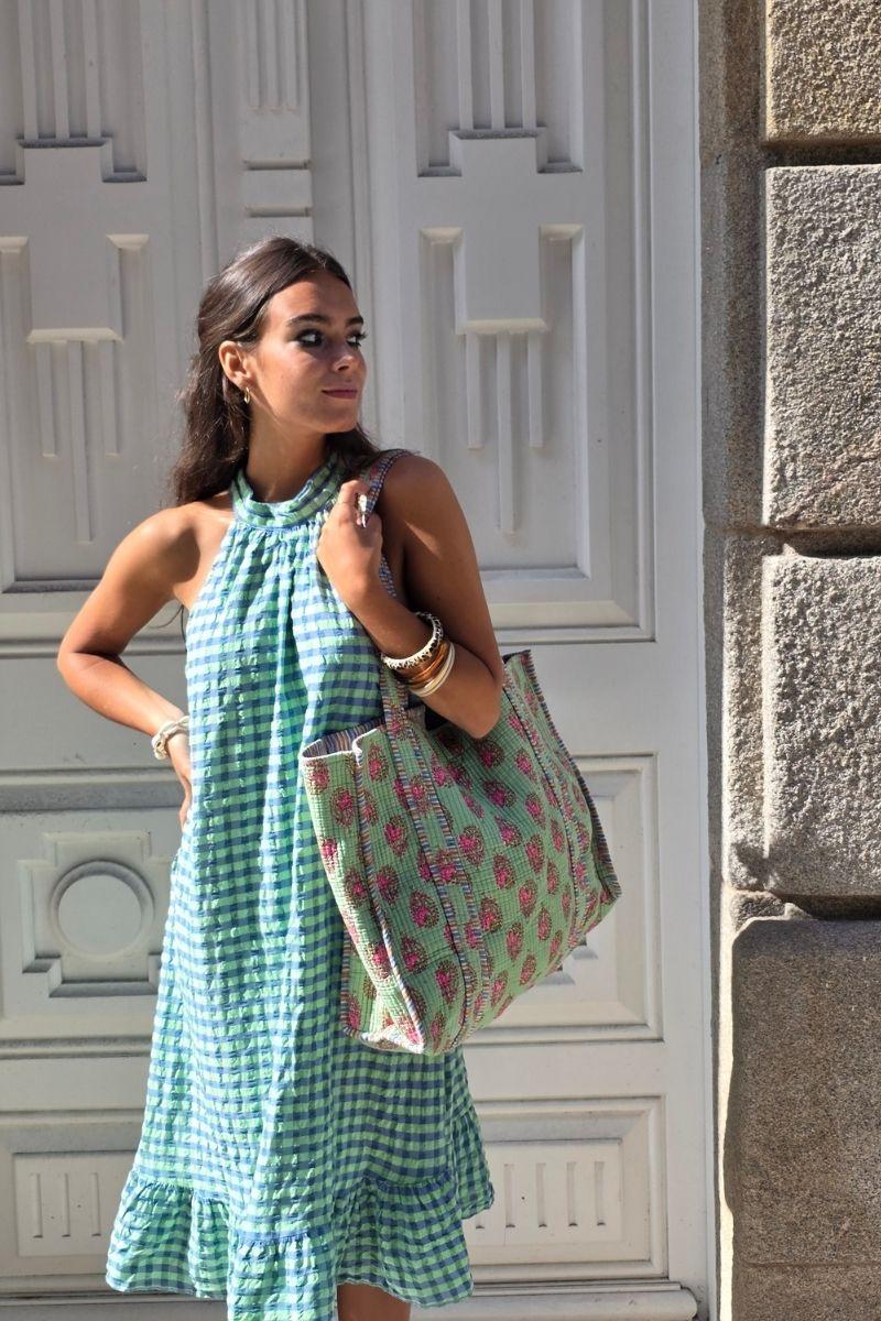 Vestido cuello halter de cuadros verde