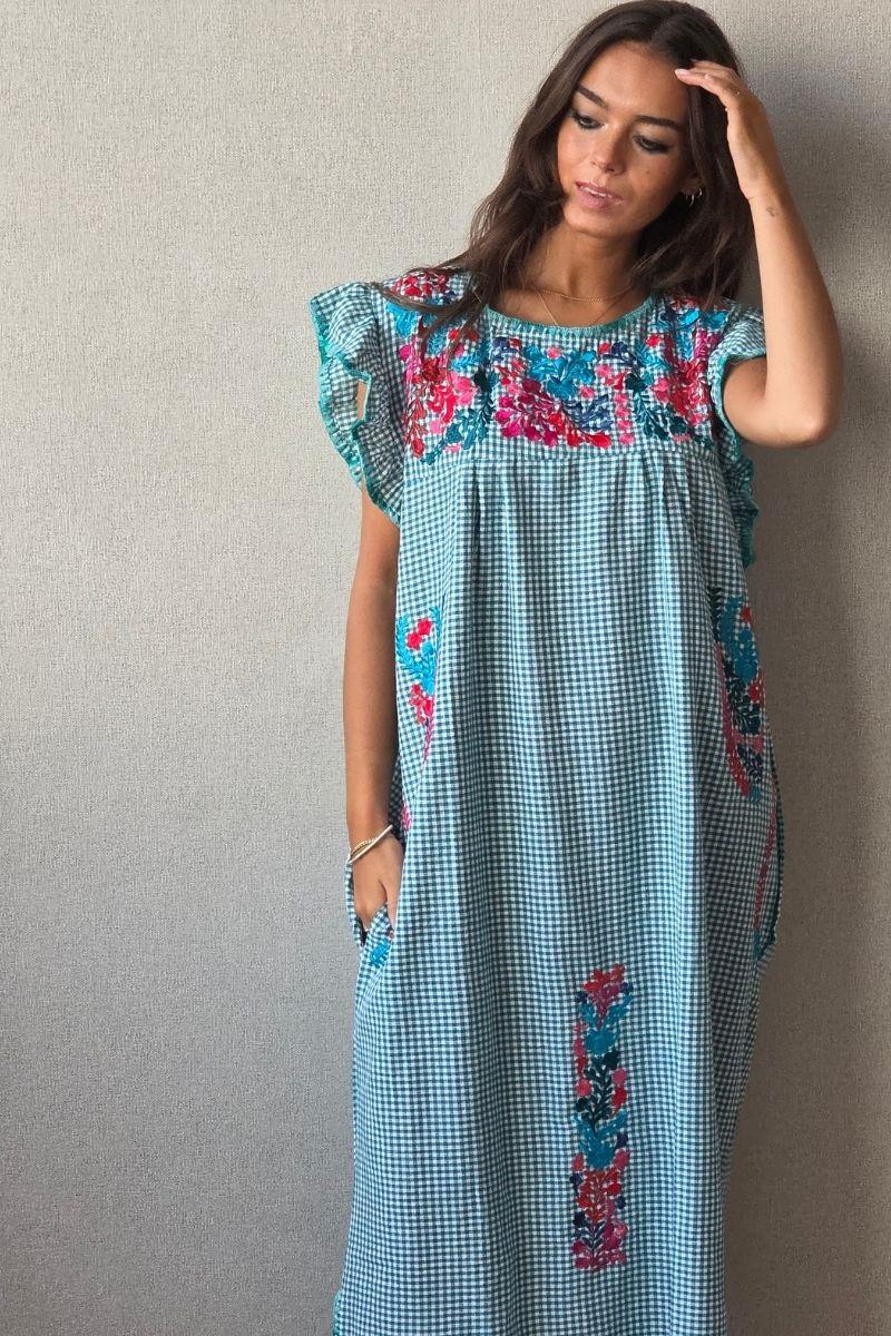 Vestido mexicano cuadro vichy verde mint