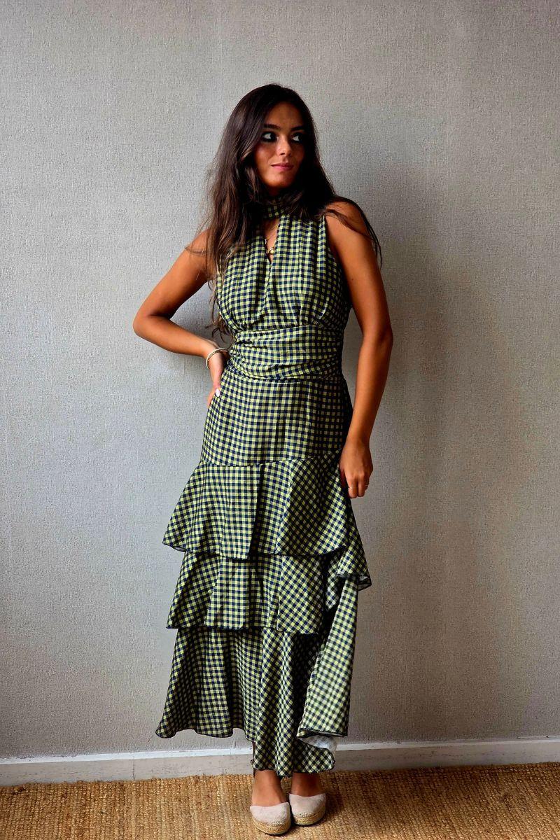 Vestido de volantes estampado vichy  cuello halter