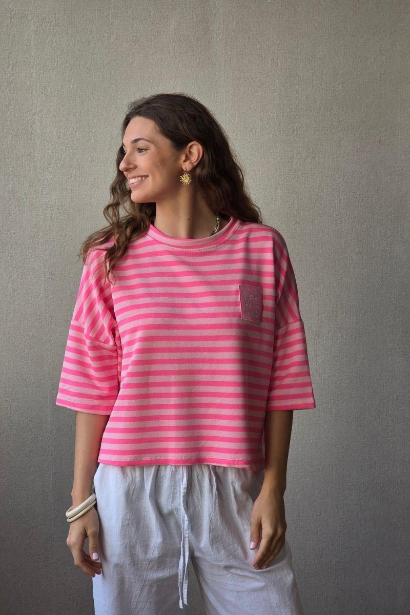 Sudadera Corta de Rayas Rosa Flúor