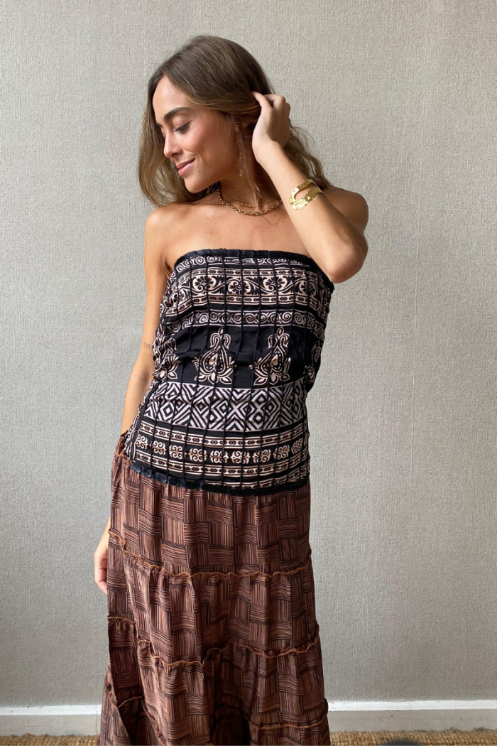 Vestido palabra de honor indio nido de abeja negro