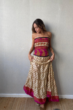 Vestido palabra de honor indio nido de abeja beige
