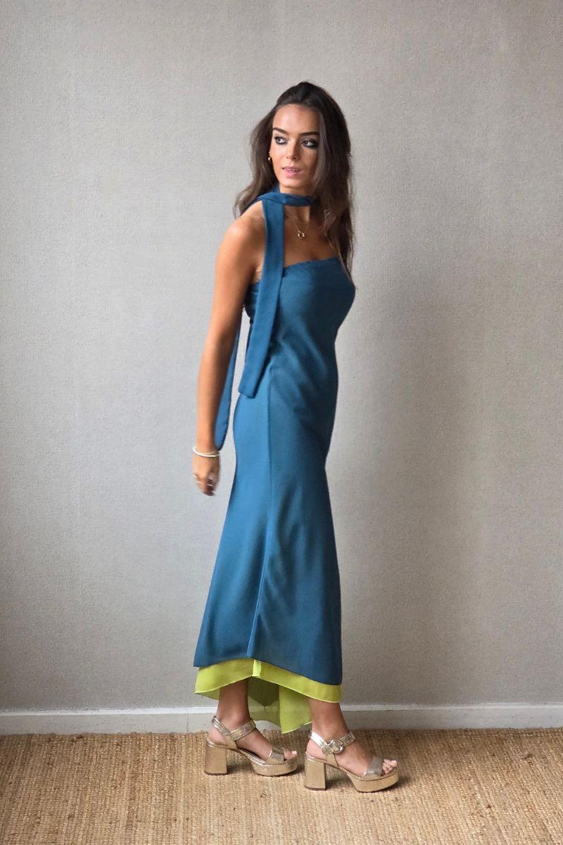 Vestido reversible azul índigo/lima