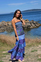 Vestido palabra de honor telas indias azulón