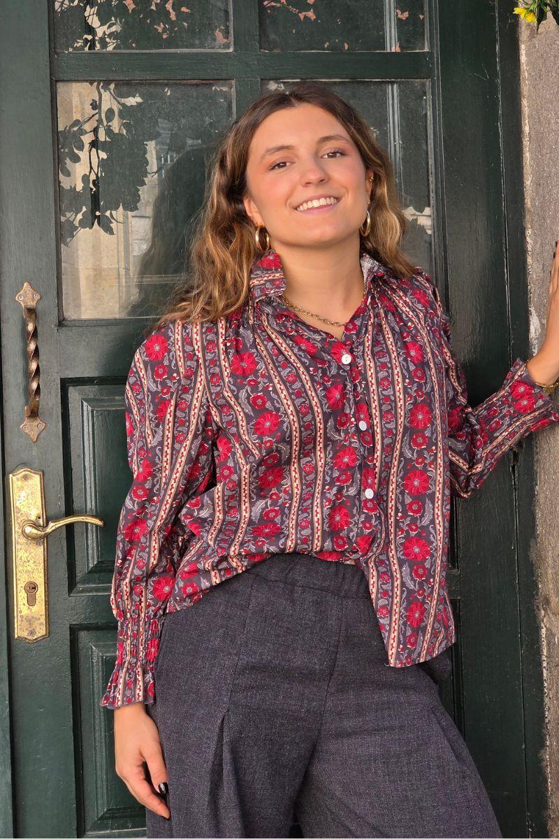 Blusa de flores gris y fresa