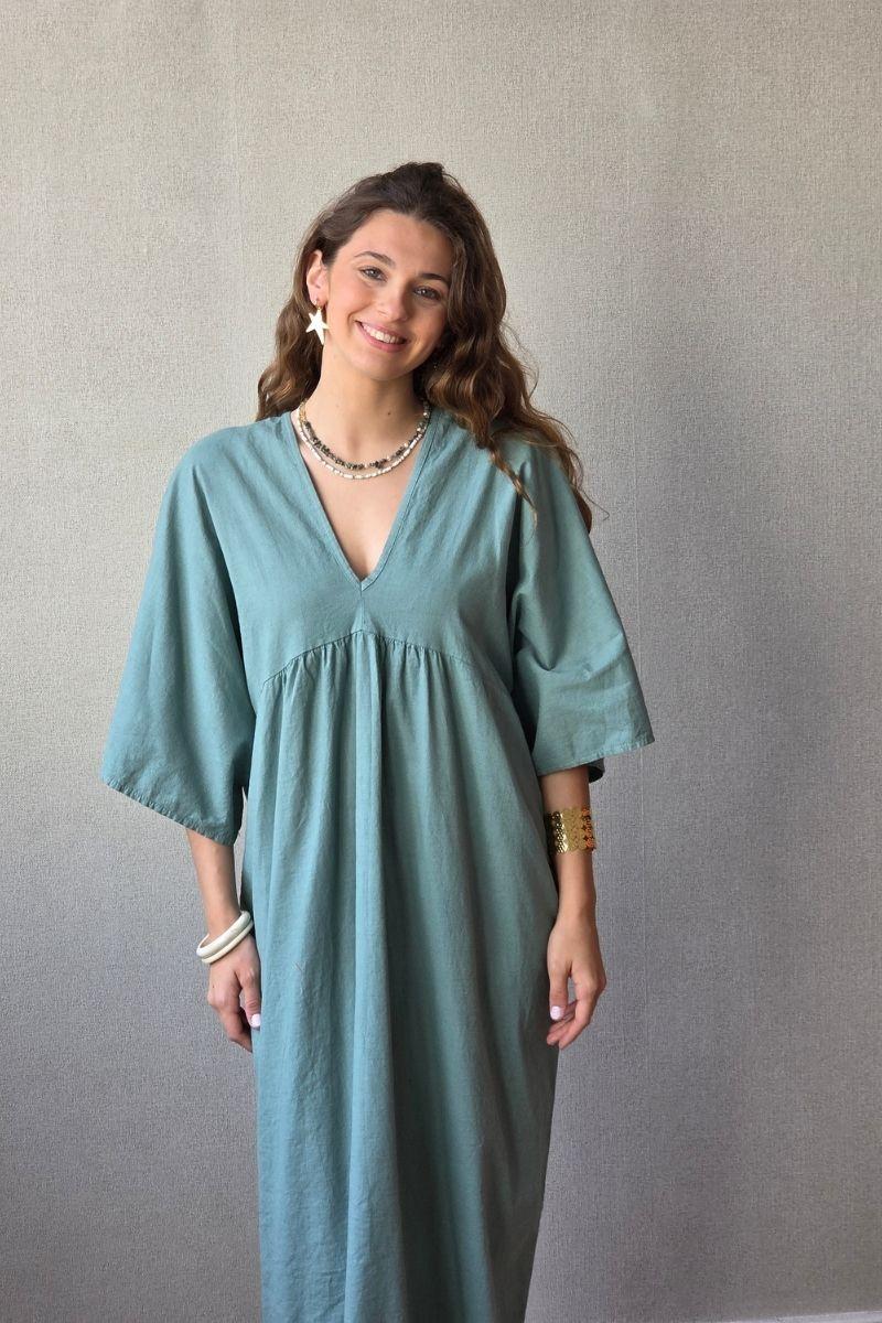 Vestido largo de lino algodón verde bonito