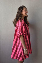 Vestido de mujer manga abullonada con rayas rosa