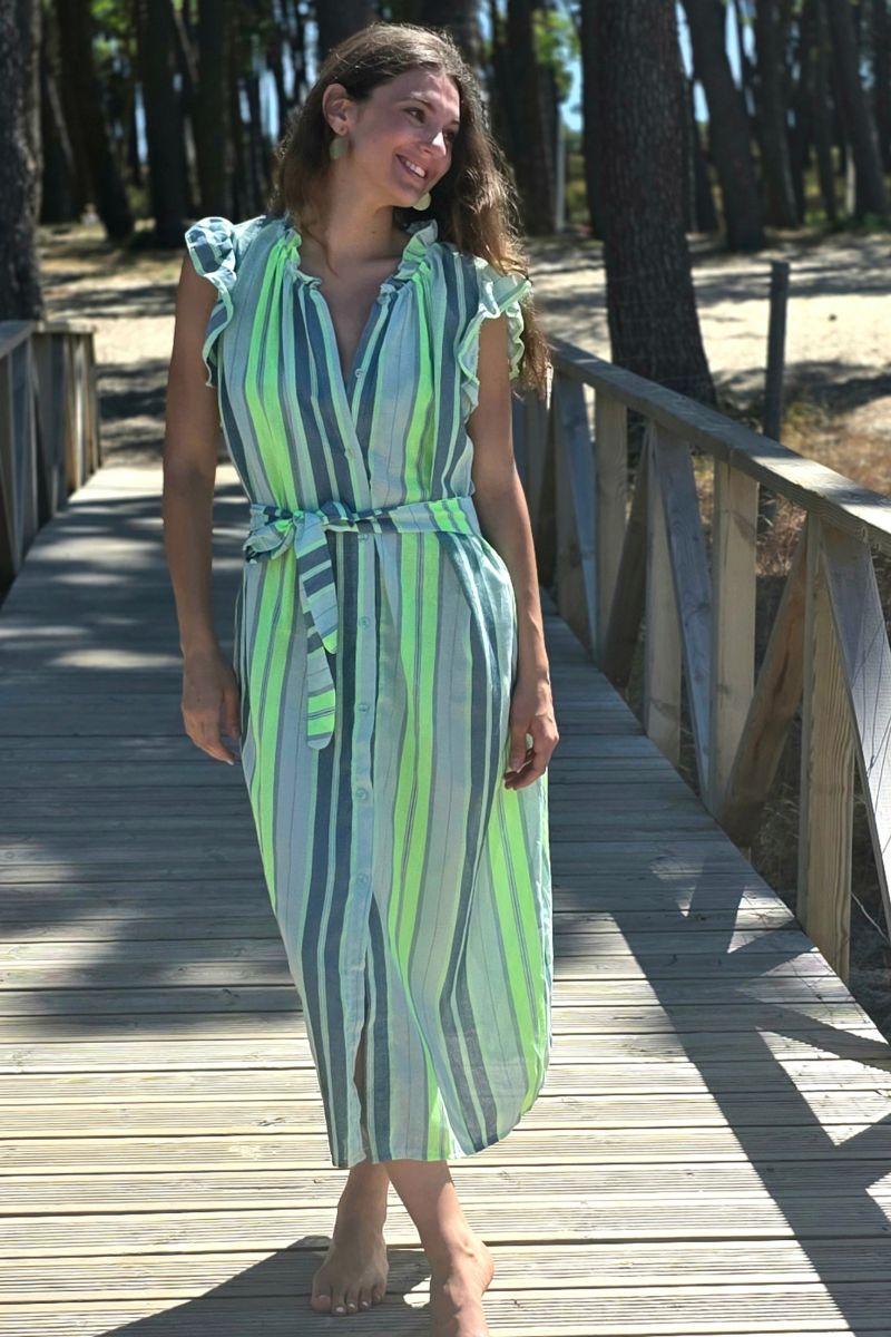 Vestido camisero con volantes verde fluor