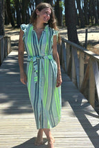 Vestido camisero con volantes verde fluor