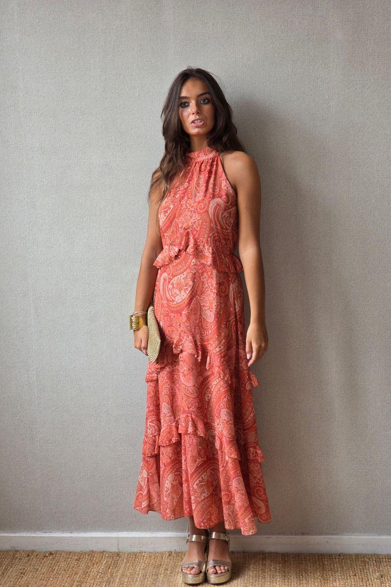 Vestido gasa cuello halter naranja