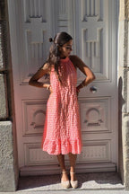 Vestido cuello halter de cuadros naranja flúor