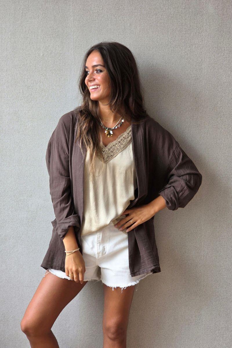 Chaqueta tipo lino en color chocolate