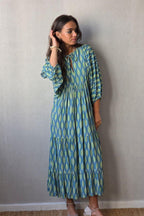 Vestido Mangas Abullonadas Estampado Azul