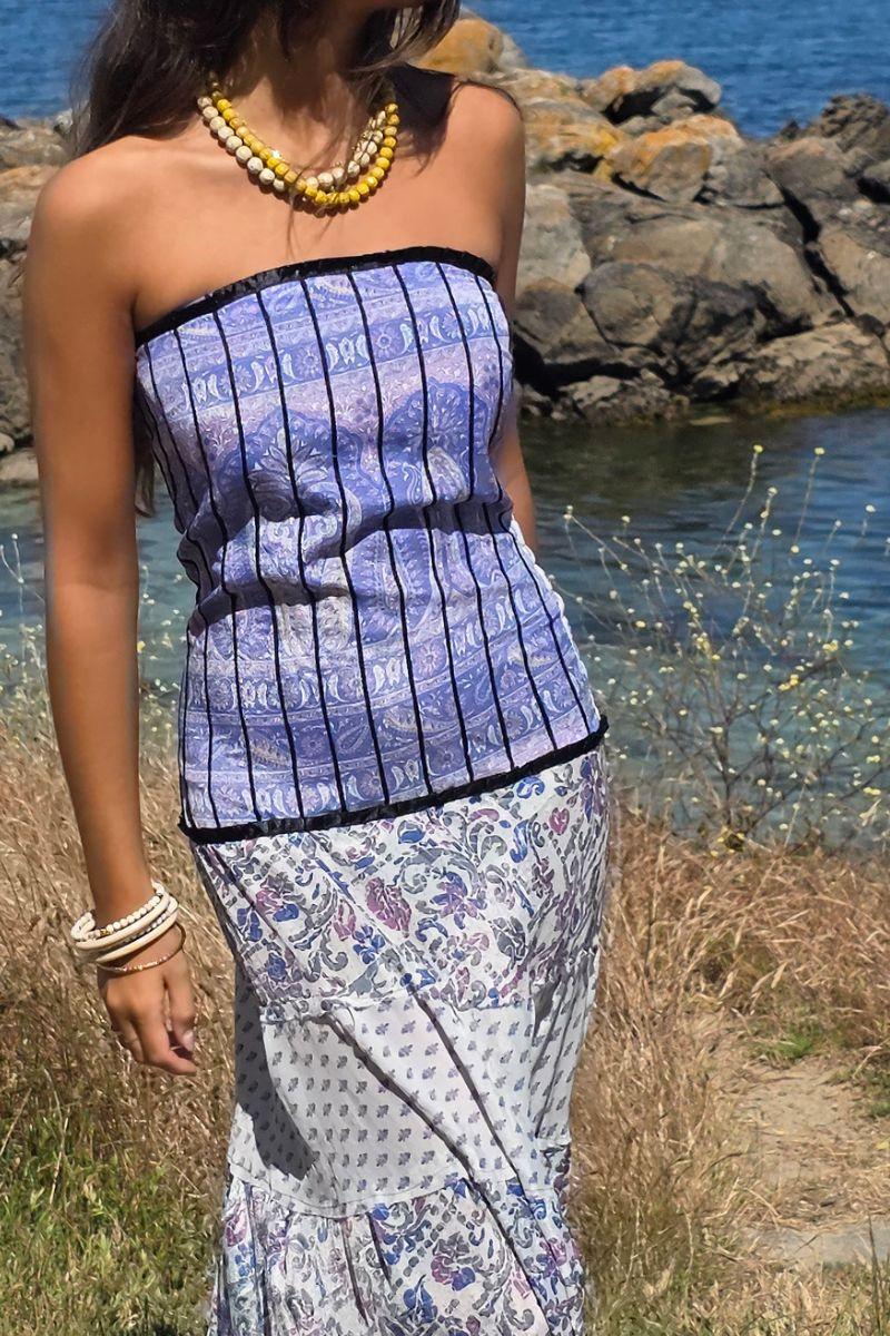 Vestido palabra de honor telas indias morado