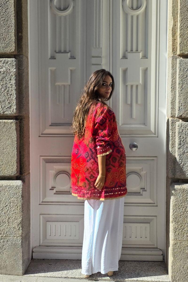 Kimono de telas indias bordado rojo