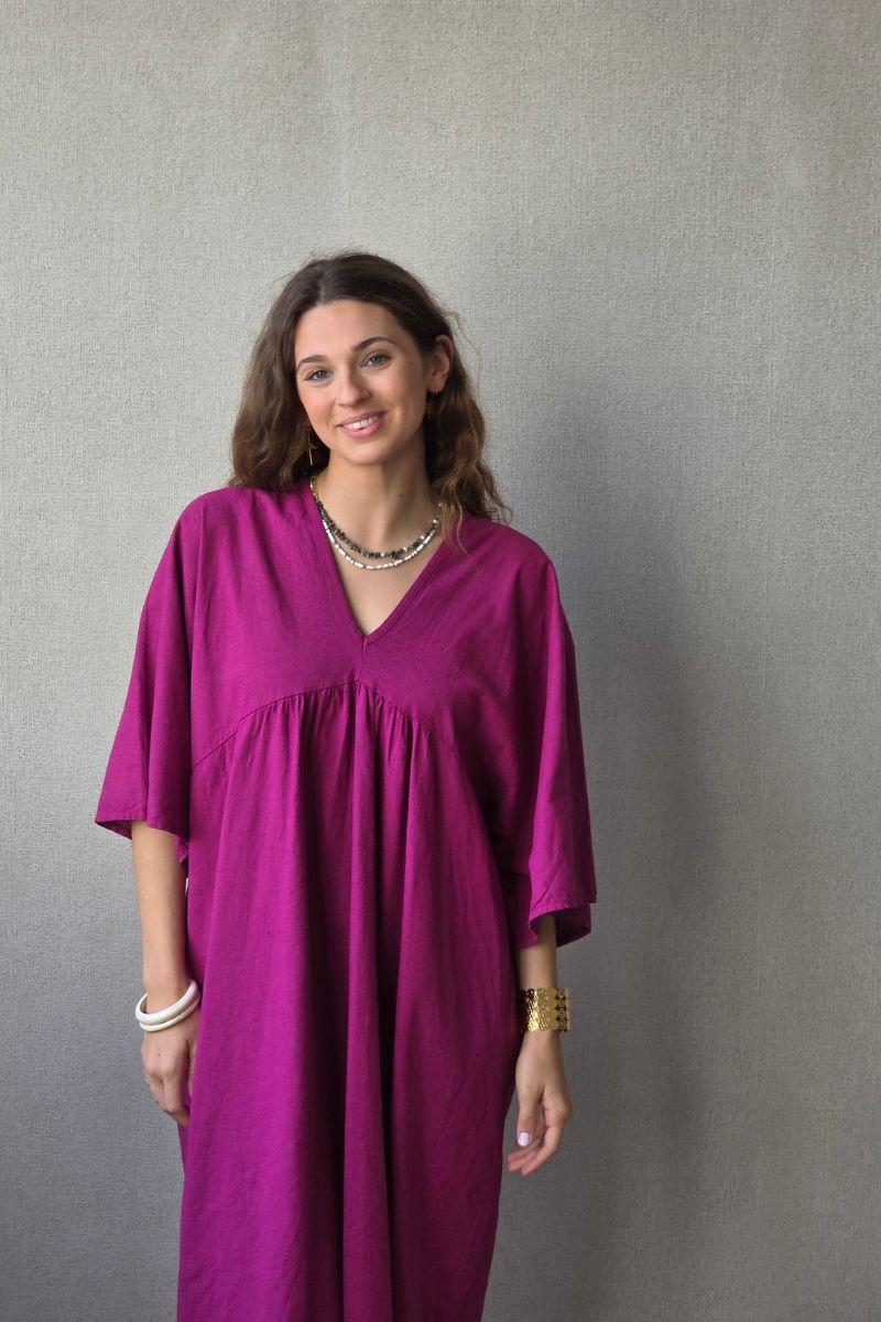 Vestido largo de lino y algodón magenta