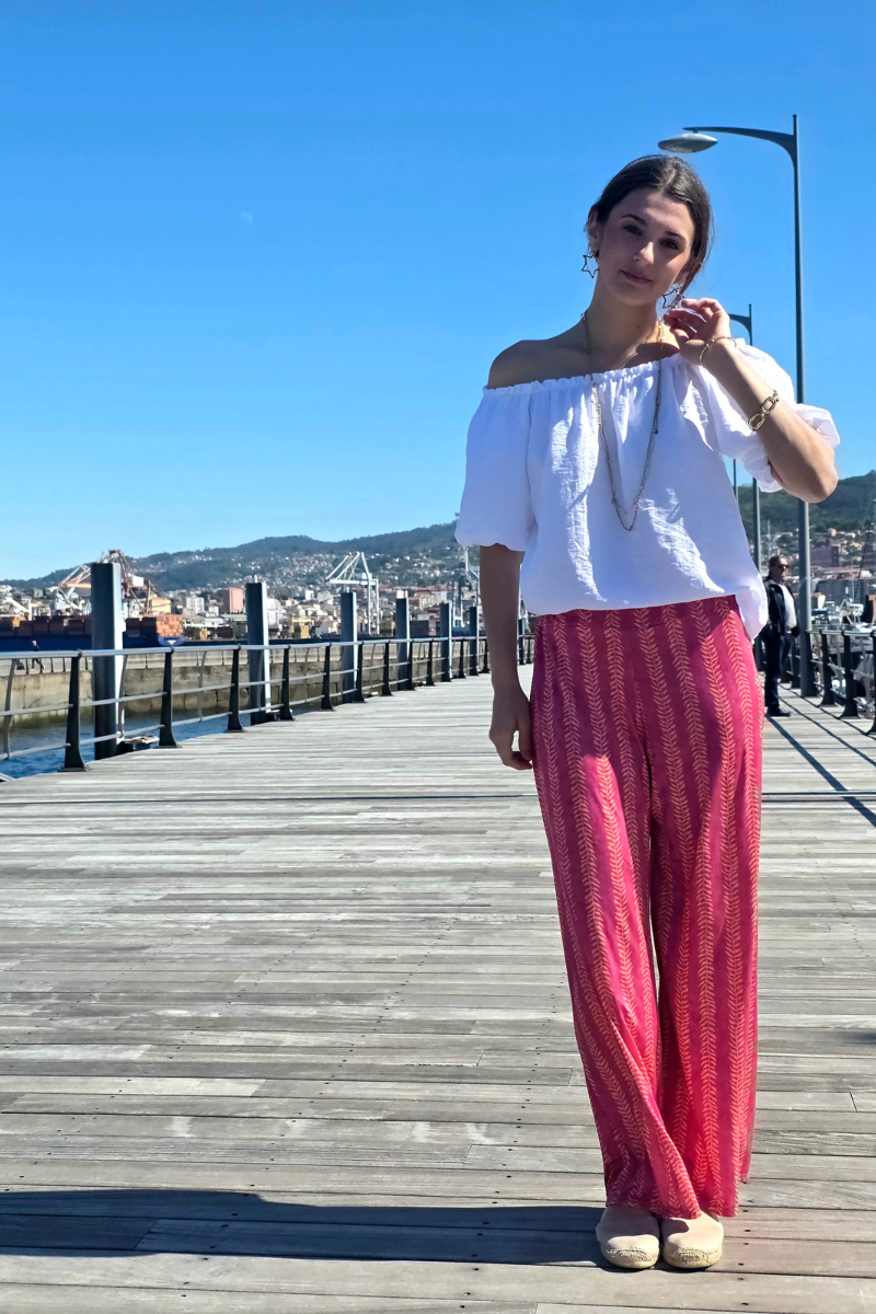 Pantalón Estampado Hojas Fucsia