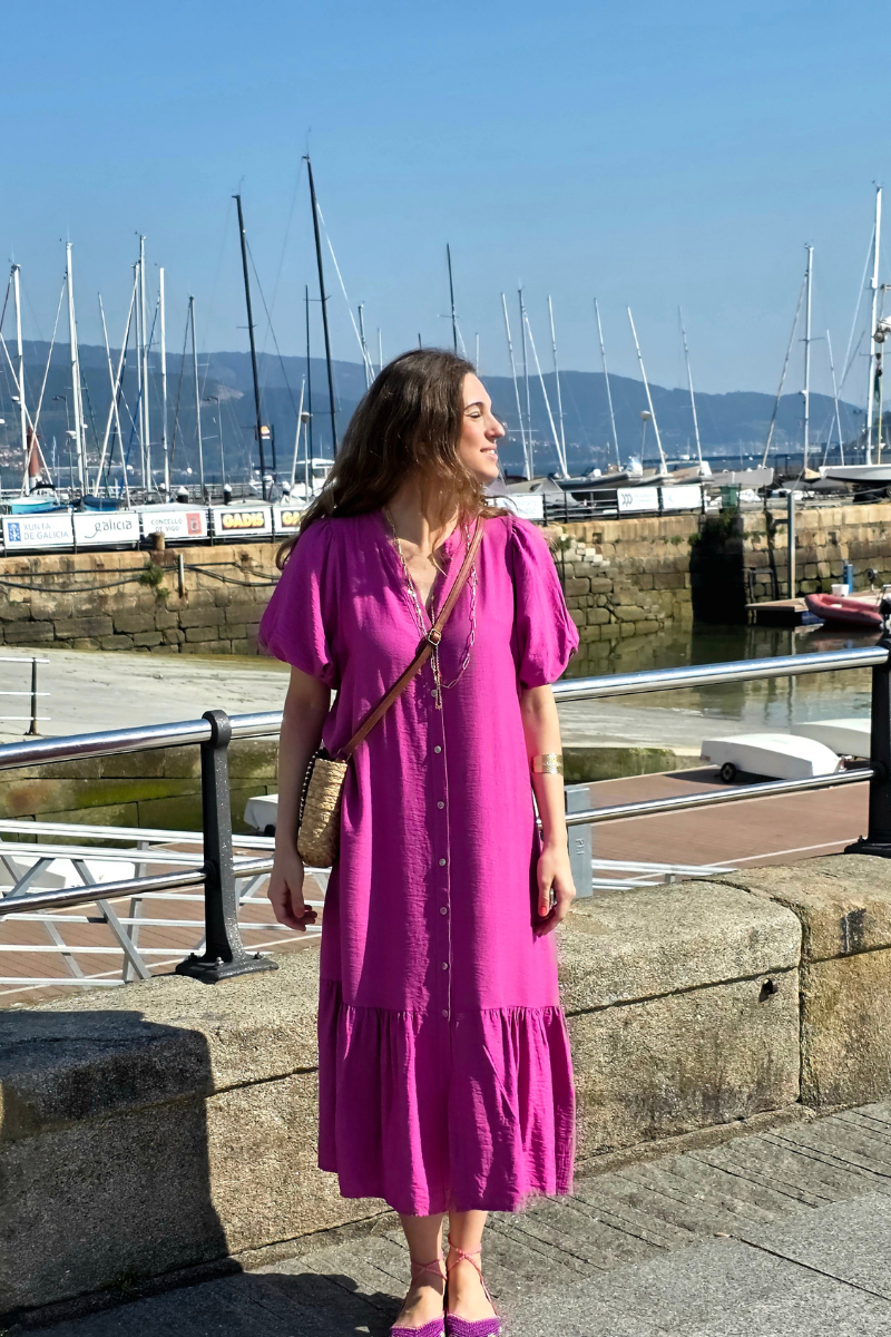 Vestido Manga Globo Magenta