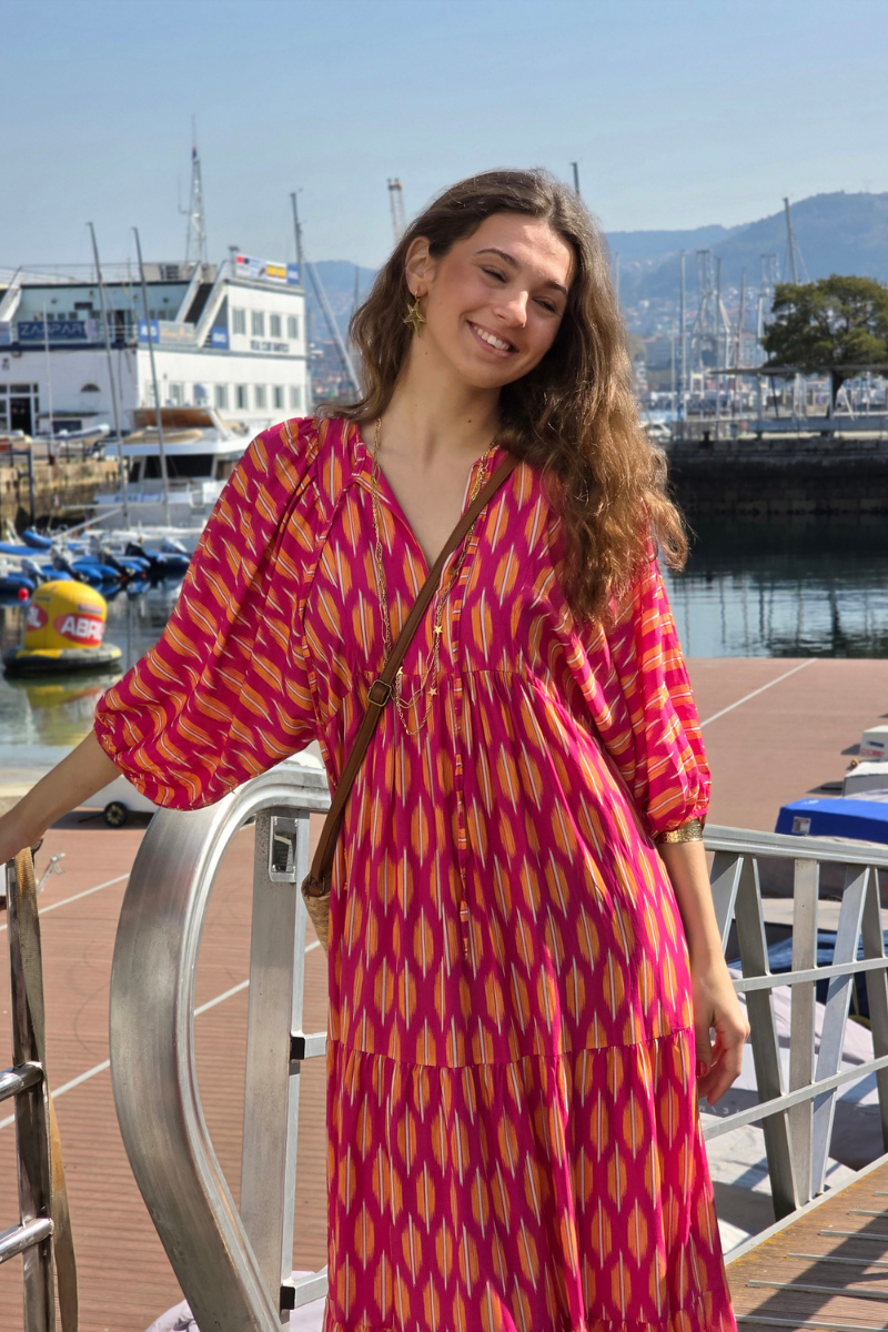 Vestido Mangas Abullonadas Estampado Fucsia