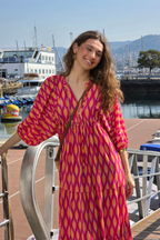 Vestido Mangas Abullonadas Estampado Fucsia