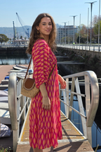 Vestido Mangas Abullonadas Estampado Fucsia