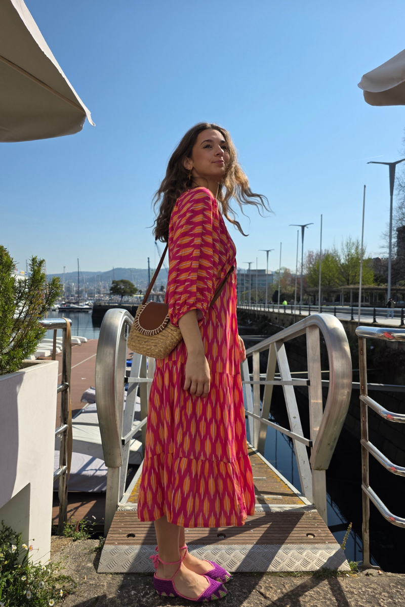 Vestido Mangas Abullonadas Estampado Fucsia