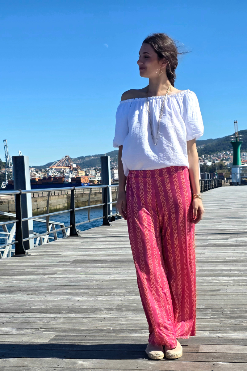 Pantalón Estampado Hojas Fucsia