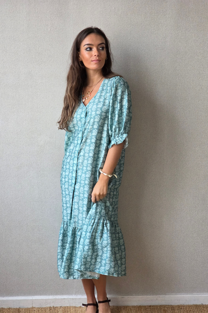 Vestido flores con botones verde agua