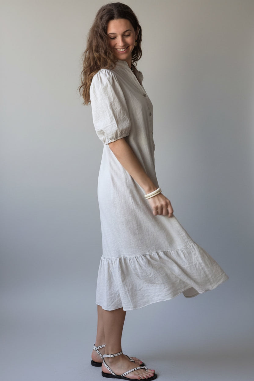Vestido botones tipo lino beige