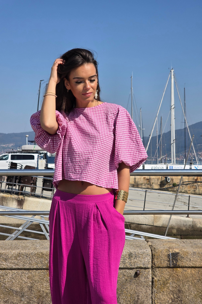 Blusa Manga Globo Cuadro Vichy Fucsia