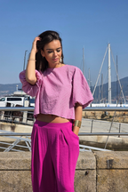 Blusa Manga Globo Cuadro Vichy Fucsia